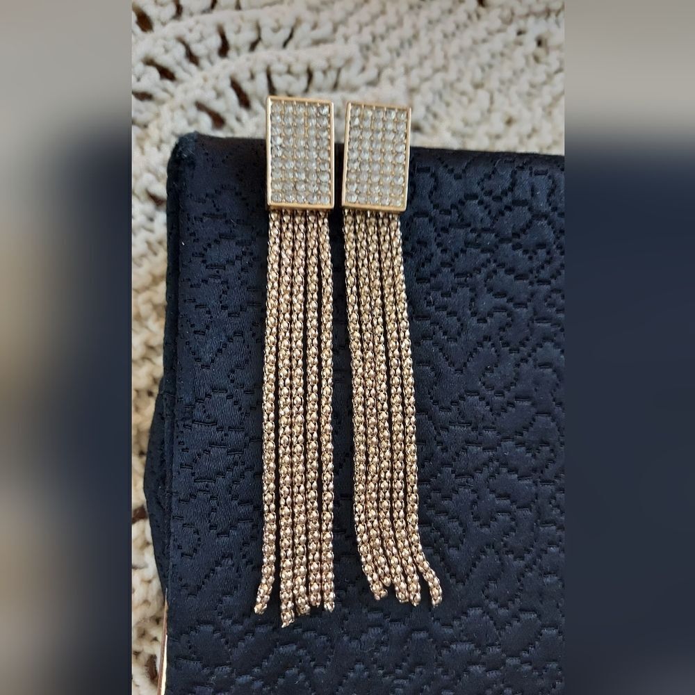 Dramatic Gold Rhinestone & Chain Dangle Earrings